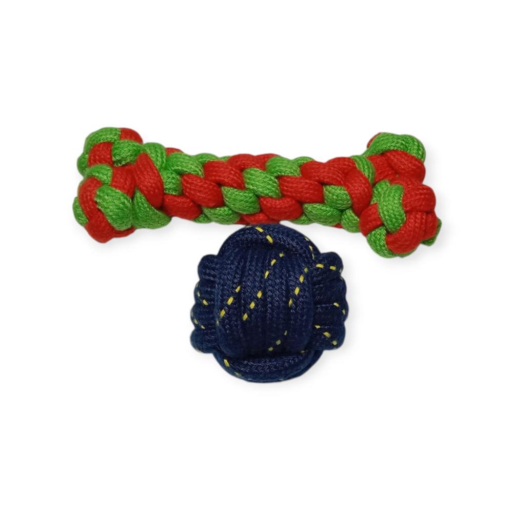 Textrades Associates Pet Dog Toy Set, Braided Rope Bone and Ball, Chew Training Toys, Red and Green