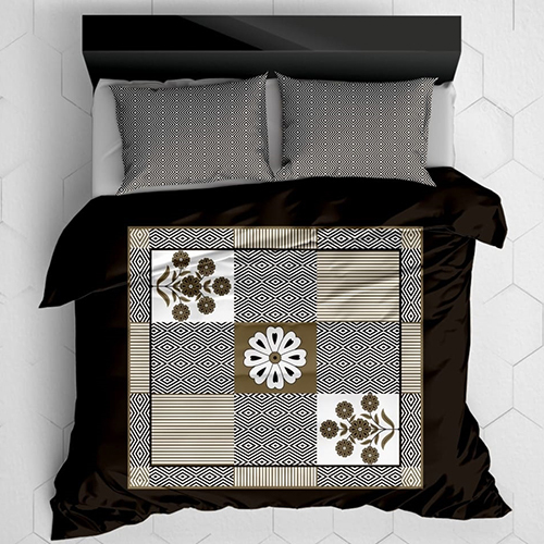 Brown Panel Design Bed Sheet Set - Color: Multi Colour