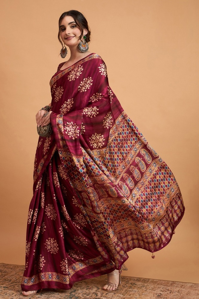 Satin Printed Saree - Color: Maroon