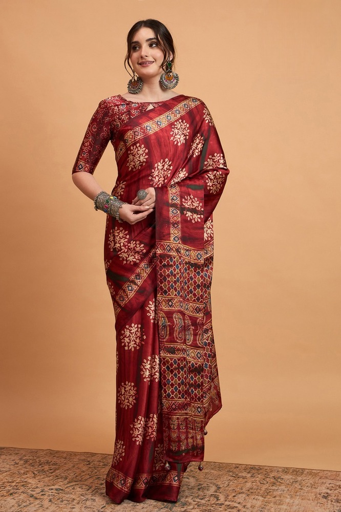 Satin Printed Saree - Color: Maroon