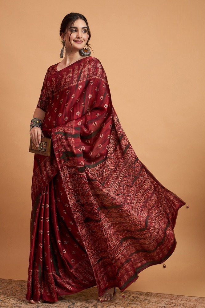 Satin Printed Saree - Color: Maroon