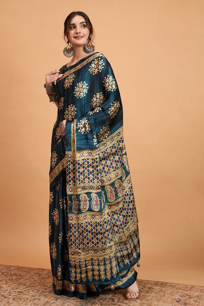Satin Printed Saree - Color: Maroon
