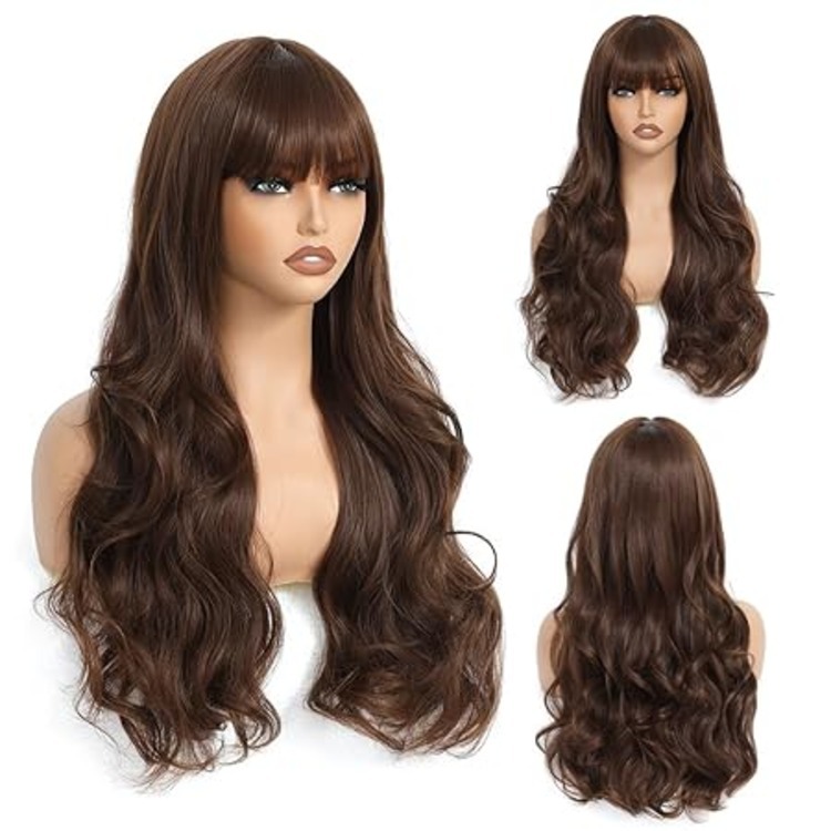 Medium Brown Long Wavy Wig With Bangs for Women - 26 Inch