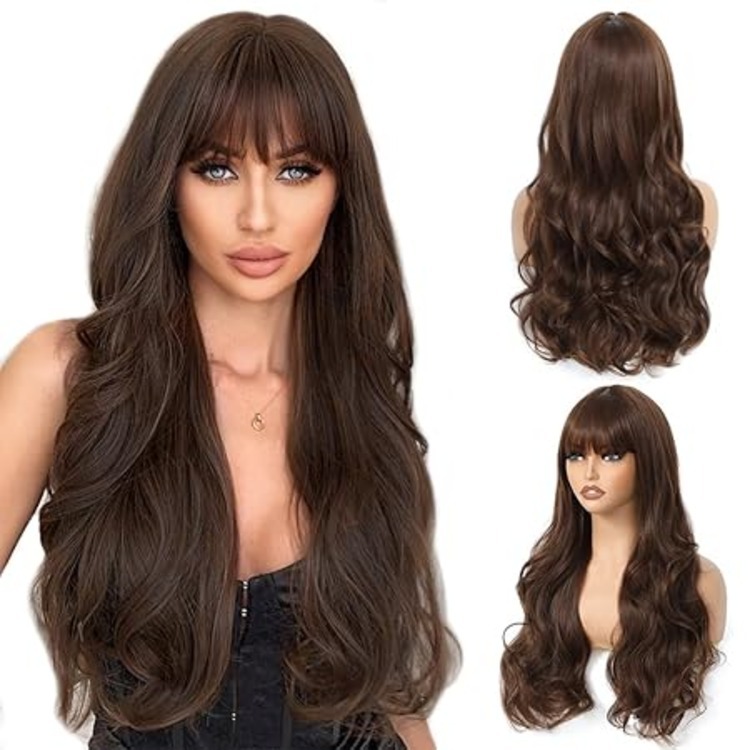 Medium Brown Long Wavy Wig With Bangs for Women - 26 Inch