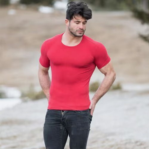 Short Sleeves Plain Mens Lycra T-Shirt - Color: Red