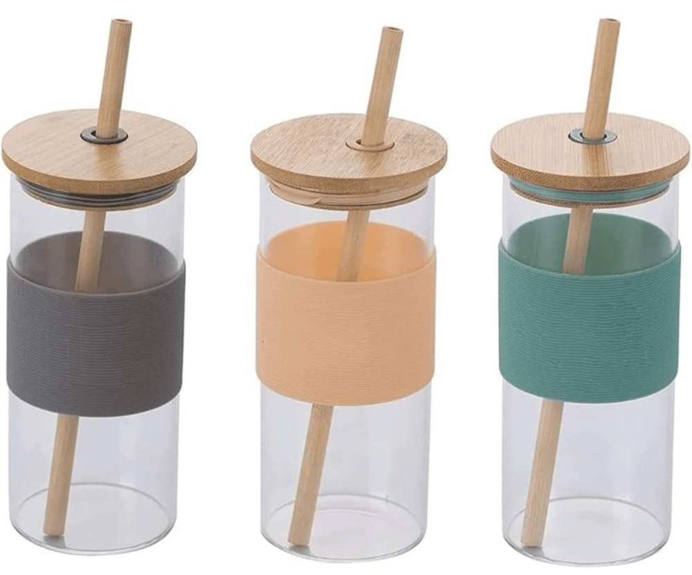 Glass tumbler with bamboo straw and silicone sleeve IP-56