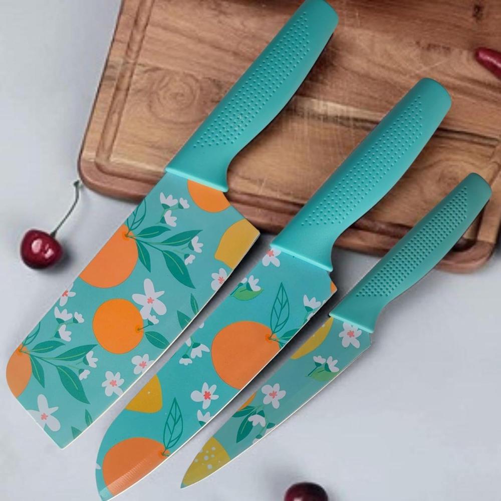 Printed Knife Set Of 3  Blue - Red - Green 