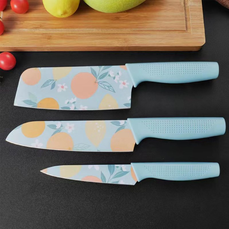 Printed Knife Set Of 3  Blue - Red - Green 