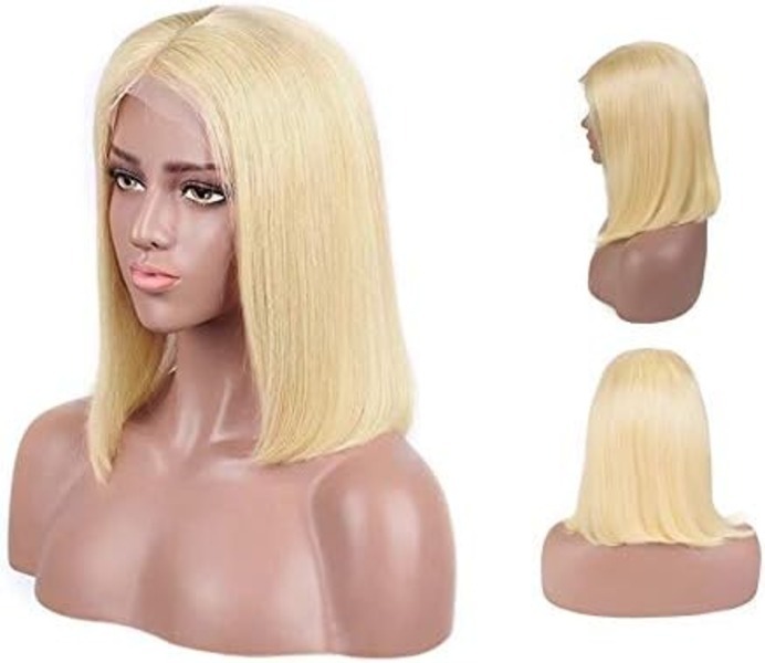 Straight Blonde Real Human Hair Lace Part Bob Wig for Women Bleach Knots 180% Density 14Inch