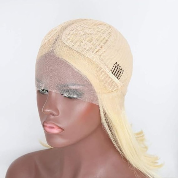Straight Brazilian Real Human Hair Lace Part Bob Wig for Women Bleach Knots 180% Density 14Inch