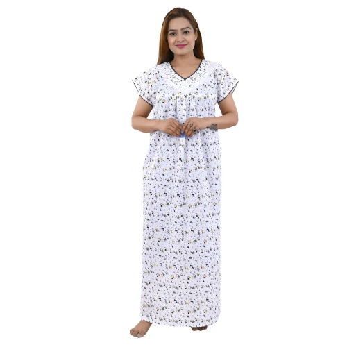 Ladies White Cotton Printed Long Nighty