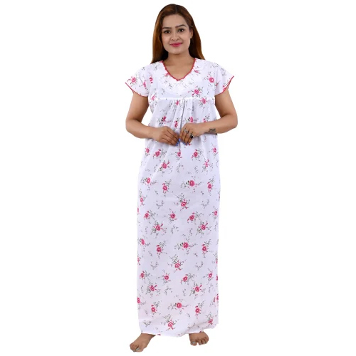 Ladies Pure White Cotton Printed Nighty