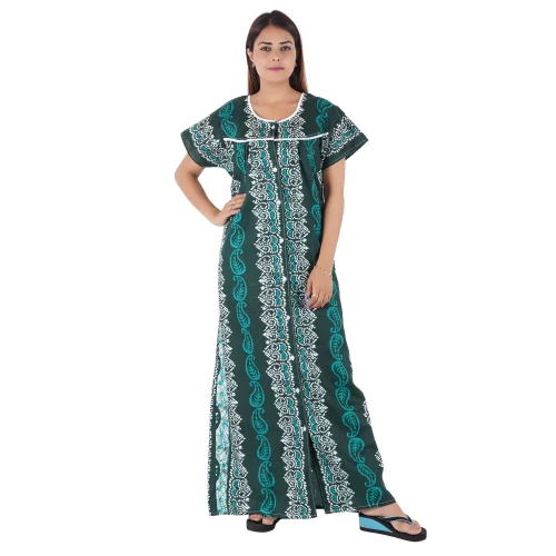 Ladies Pure Cotton Full Front Open Batik Print Nighty Maxi