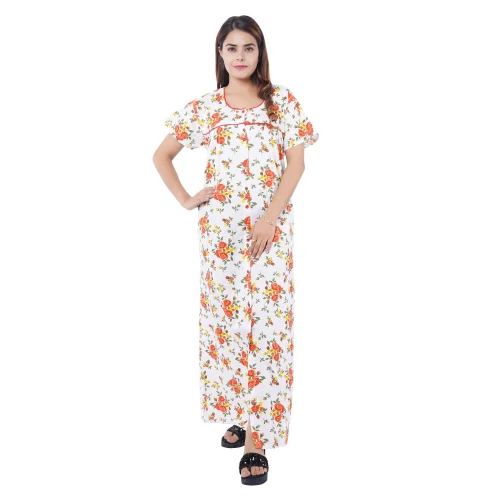 White Printed Cotton Front Open Nighty