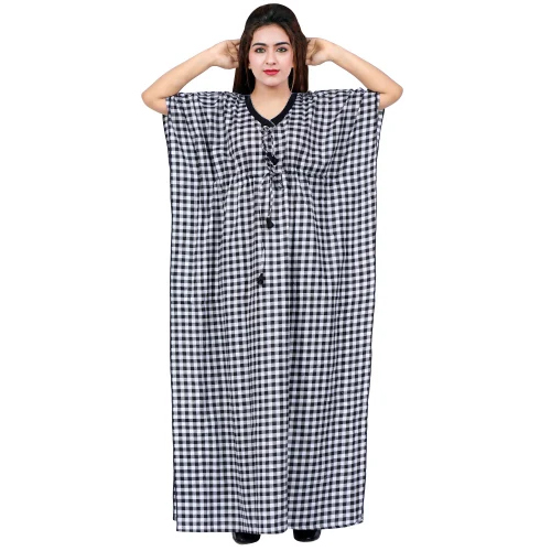 Ladies Check Print Cotton Kaftan Nighty