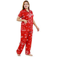 Ladies Printed Rayon Cotton Shirt Pajama Night Suit - Color: Red
