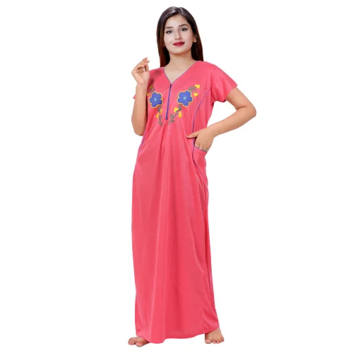 Ladies Plain Hosiery Cotton Embroidery Nighty