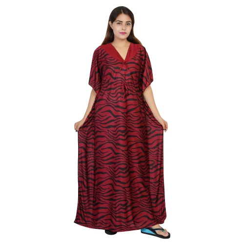 Ladies Maroon Striped Satin Nightgown