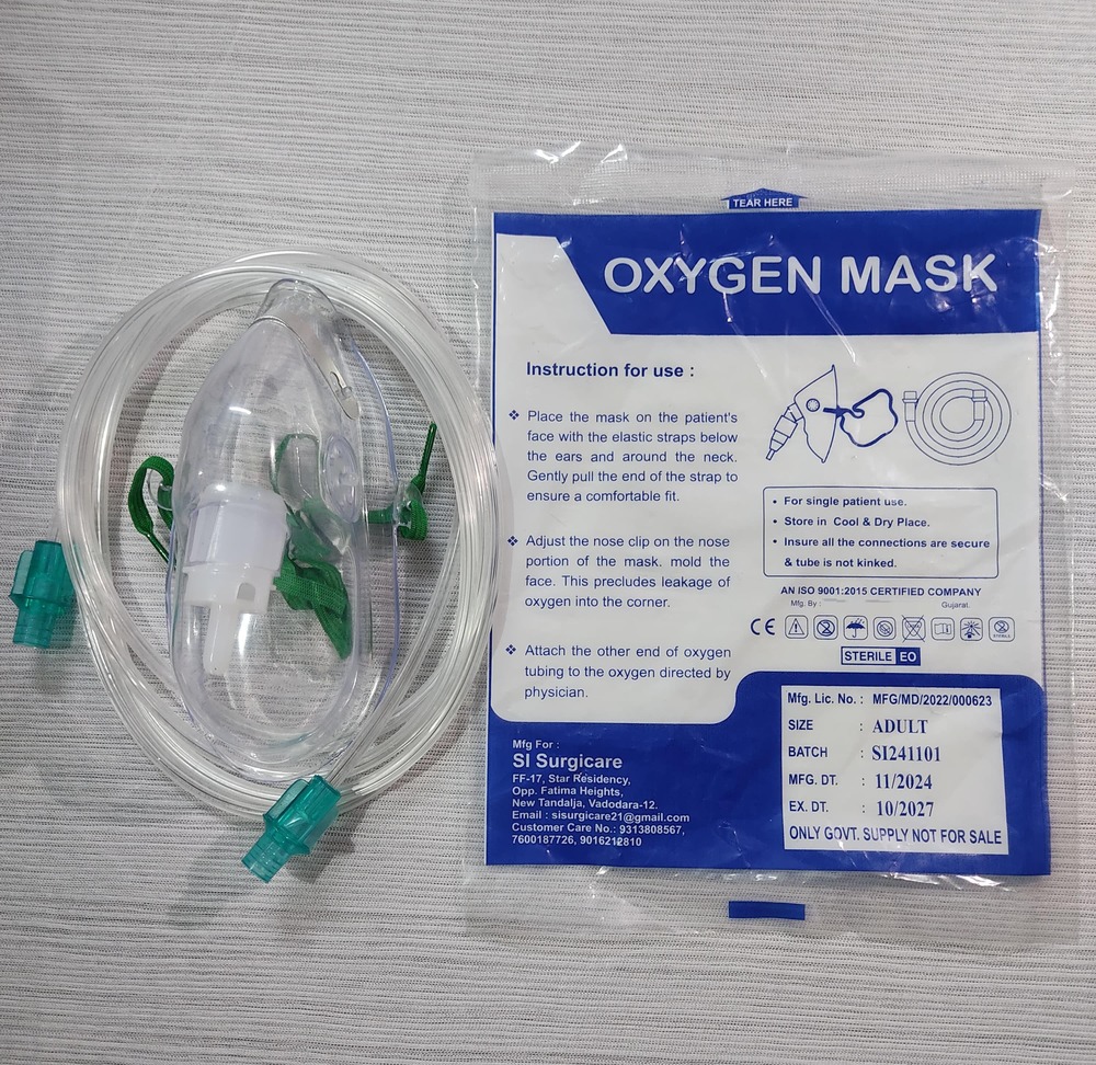 Oxygen Mask - Pvc, Silicone, Adult Size | Clear Color, 2 Meters Tubing, Standard Connector, Includes Reservoir Bag For Oxygen Therapy