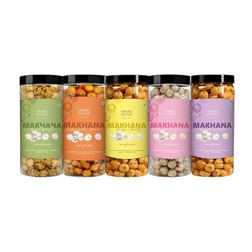 Vishnu Delight Organic Makhana Combo Pack-5 of 90g Each flavor - Peri Peri, Mint Masti, Himalayan Salt, Magic Masala, Cheese N Herbs - Crunchy