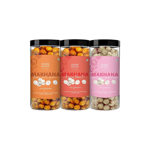 Vishnu Delight Organic Makhana Combo Pack - 3 of 90g Each flavor - Fiery Peri Peri, Tangy Tomato, Himalayan Salt N Pepper - Crunchy, Deliciously, and Full of Flavorful Indian Spices Snacks