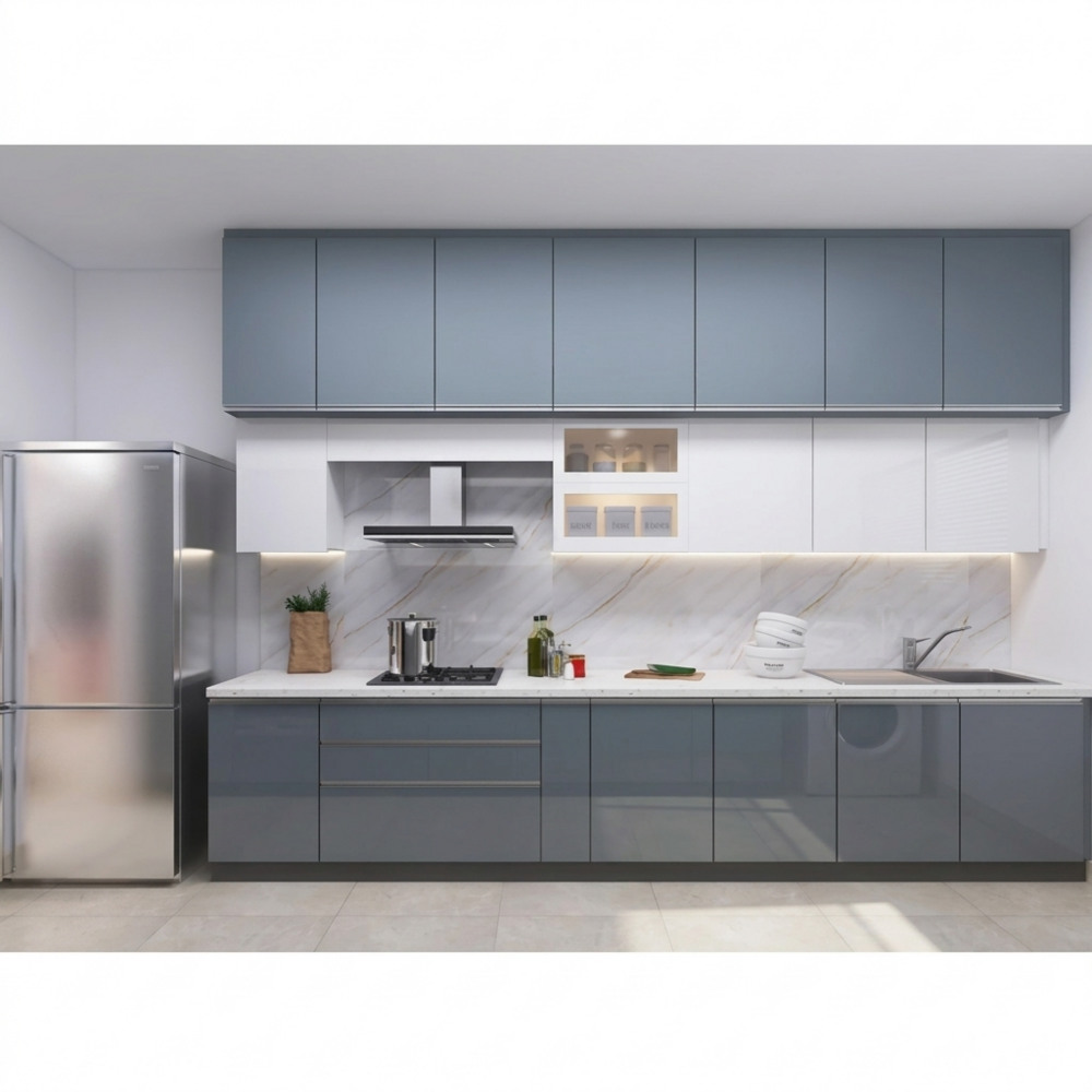 L Shaped Modular Kitchen - Solid Wood Design, Carpenter Assembly, Modern Gray Color, Durable Elegance for Functional Living Spaces