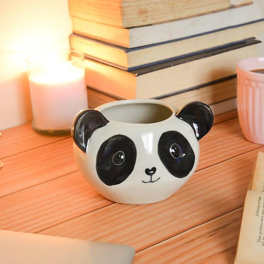 Indoor Ceramic Panda Flower Pot - Ceramic Material, Panda Shape, Polished Finish, White And Black Color | Hand Built Design With Antique Effect