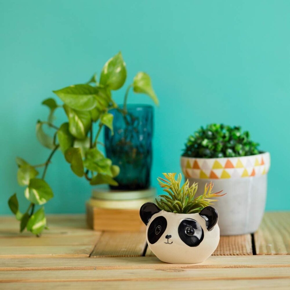 Indoor Ceramic Panda Flower Pot - Ceramic Material, Panda Shape, Polished Finish, White And Black Color | Hand Built Design With Antique Effect