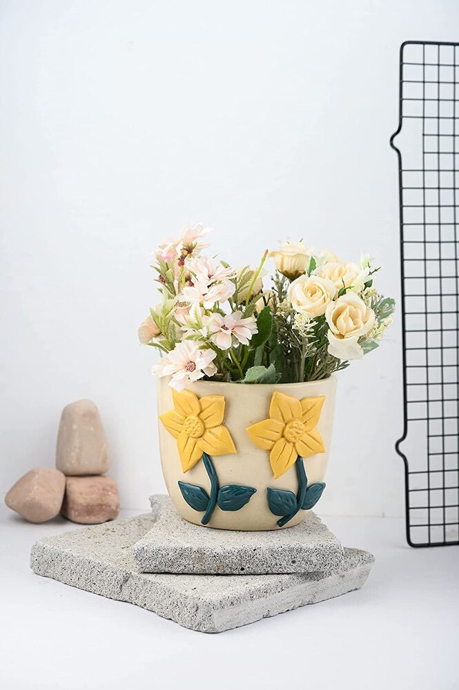 Decorative Ceramic Flower Pot - Ceramic, 14 Cm Height, Classic White, Polished Finish, Round Shape, Antique Effect, Timeless Charm
