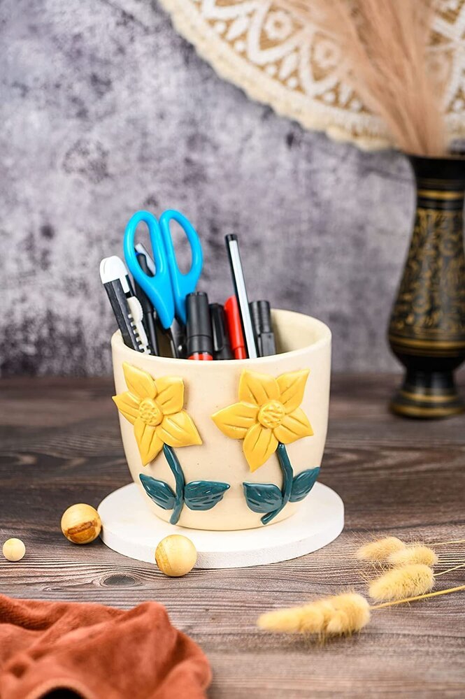 Decorative Ceramic Flower Pot - Ceramic, 14 Cm Height, Classic White, Polished Finish, Round Shape, Antique Effect, Timeless Charm