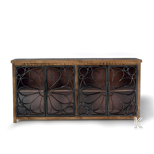Mango Wood Rough Finish Metal Grill Design And Glass Sideboard - Color: Different Available