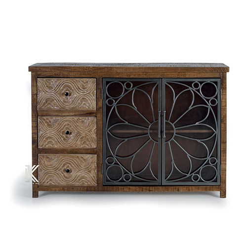 Mango Wood Rough Finish Metal Grill Design And Glass Sideboard With Drawers