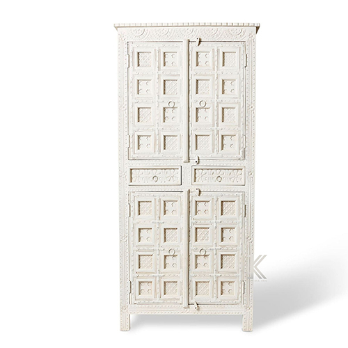 White Distress Mango Wood Wardrobe Hand Carved - Color: Different Available