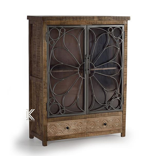 Mango Wood Rough Finish Metal Grill Design And Glass Cabinet - Color: Different Available