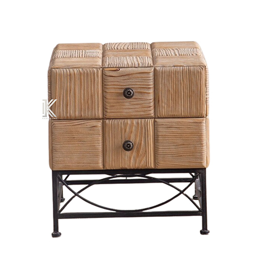 Pine Wood Block Metal Legs Night Stand