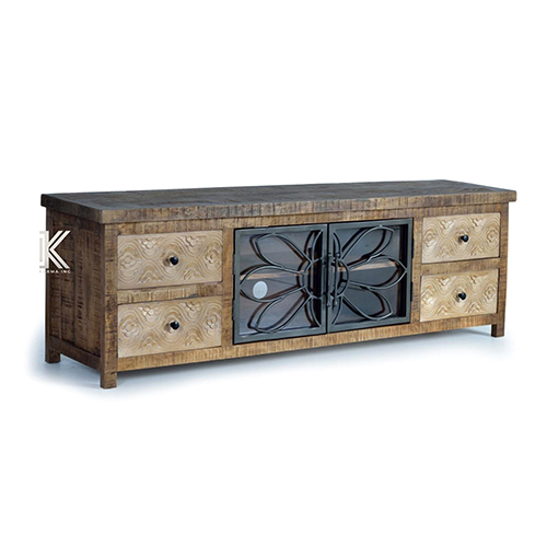 Mango Wood Rough Finish Metal Grill Design And Glass Tvc - Color: Different Available
