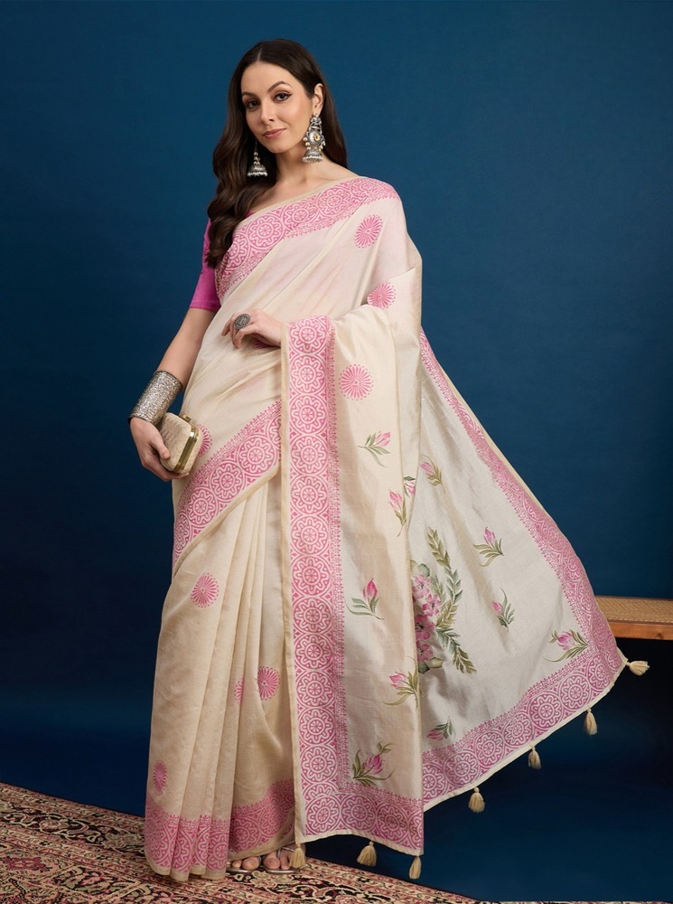 PURE ART TUSSER SILK BLOCK PRINT SAREE