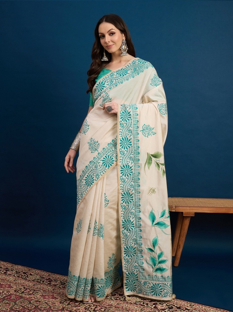PURE ART TUSSER SILK BLOCK PRINT SAREE