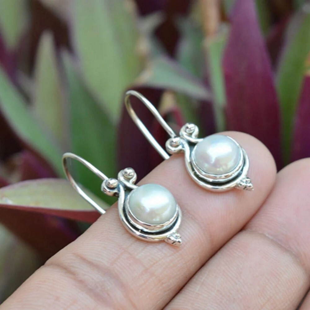 Pearl Gemstone 925 Sterling Silver Drop Dangle Earrings - Color: Different Available