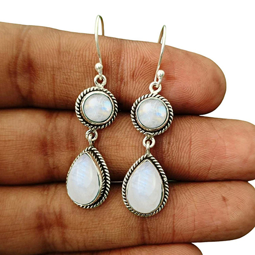 Moonstone Round Pear Gemstone 925 Sterling Silver Dangle Drop Earrings - Color: Different Available