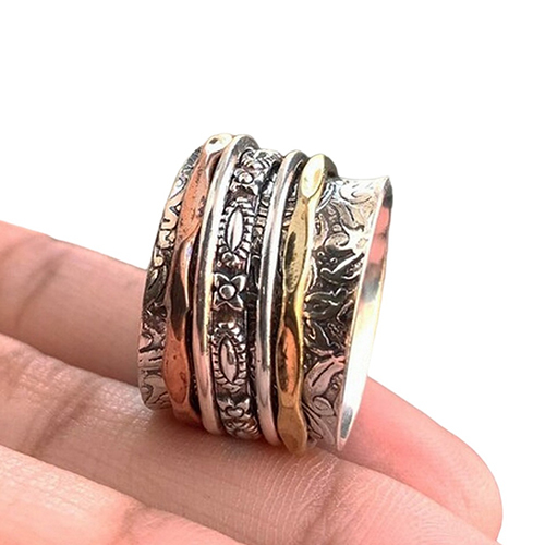 925 Sterling Silver Leaf Floral Three Tone Hammered Spinner Ring