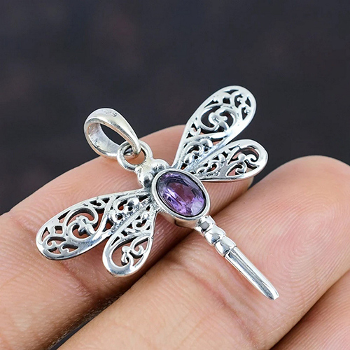Amethyst Gemstone 925 Sterling Silver Dragonfly Pendant