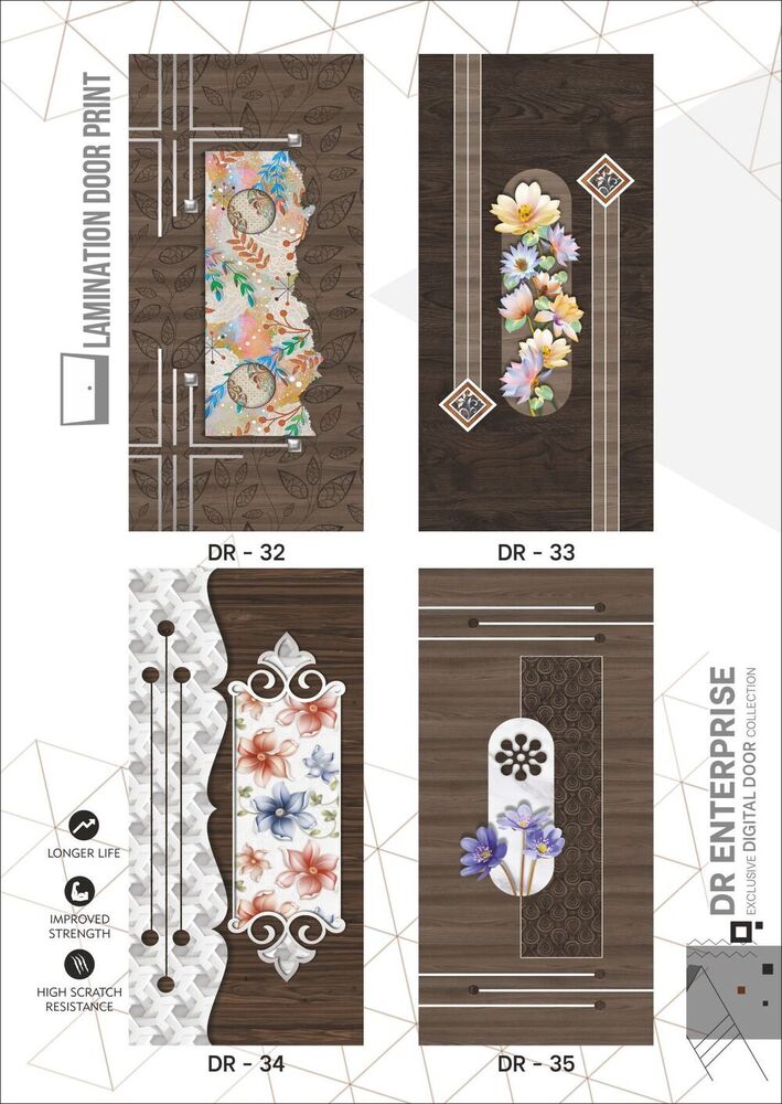 Premium Design Door Skin - Engineered Wood, Standard Door Size, Brown Color, 32 Mm Leaf Thickness | Floral Laminated Paper Print, 3d Glossy Finish, Swing Open Style