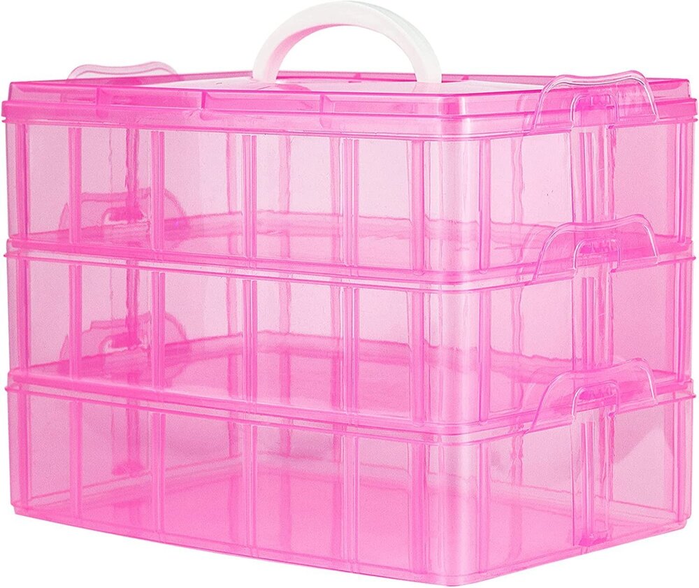 3 Layer 30 Grid Storage Box - Transparent Plastic, Rectangle Shape, Pink Color | Eco-friendly, Smooth Surface Finishing, Ideal For Organizing Small Items