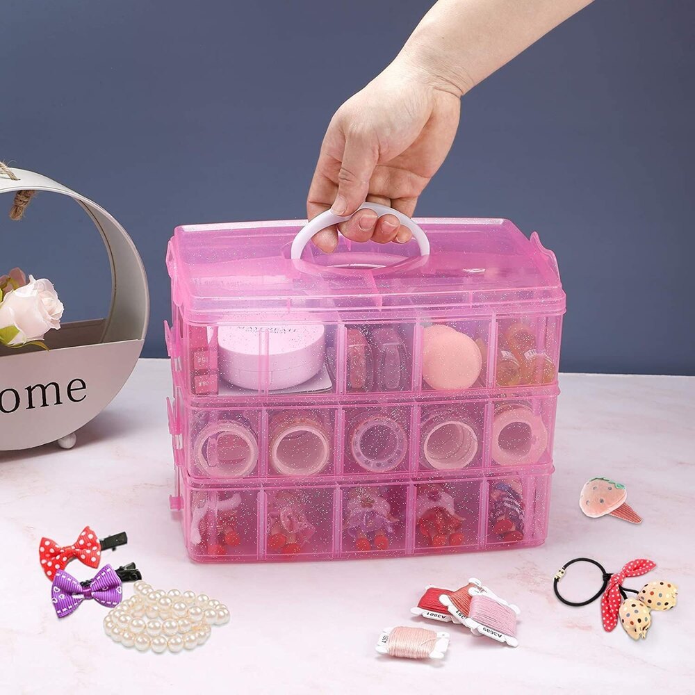 3 Layer 30 Grid Storage Box - Transparent Plastic, Rectangle Shape, Pink Color | Eco-friendly, Smooth Surface Finishing, Ideal For Organizing Small Items
