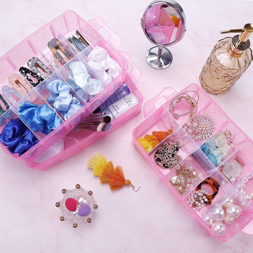 3 Layer 30 Grid Storage Box - Transparent Plastic, Rectangle Shape, Pink Color | Eco-friendly, Smooth Surface Finishing, Ideal For Organizing Small Items