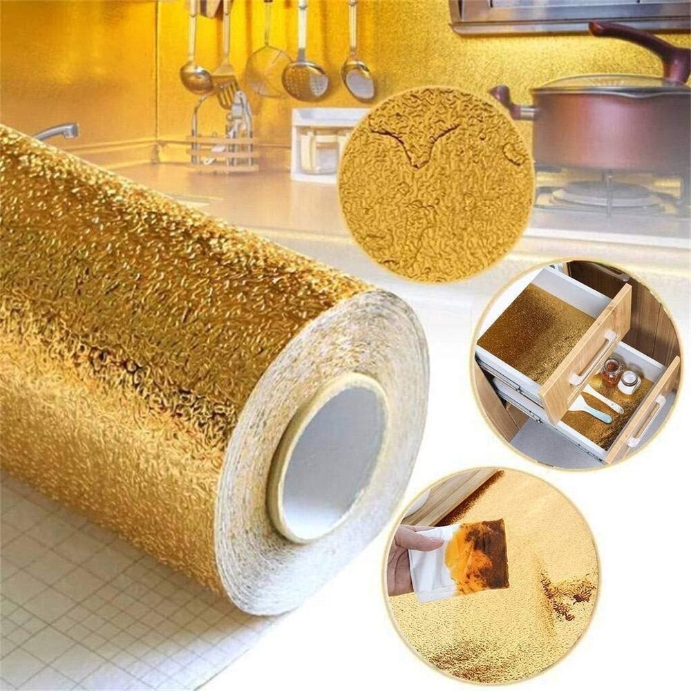 Self Adhesive Kitchen Wallpaper - Waterproof Aluminium, 10m Length , Classic Metallic Design In Elegant Golden Color