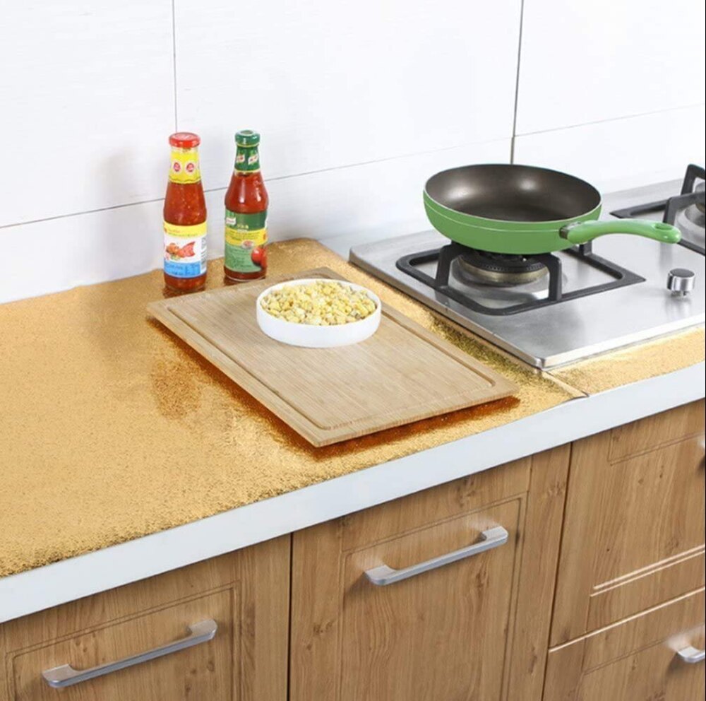 Self Adhesive Kitchen Wallpaper - Waterproof Aluminium, 10m Length , Classic Metallic Design In Elegant Golden Color