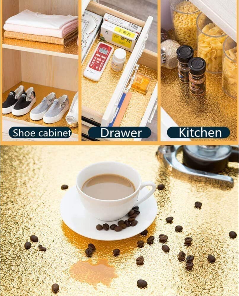 Self Adhesive Kitchen Wallpaper - Waterproof Aluminium, 10m Length , Classic Metallic Design In Elegant Golden Color
