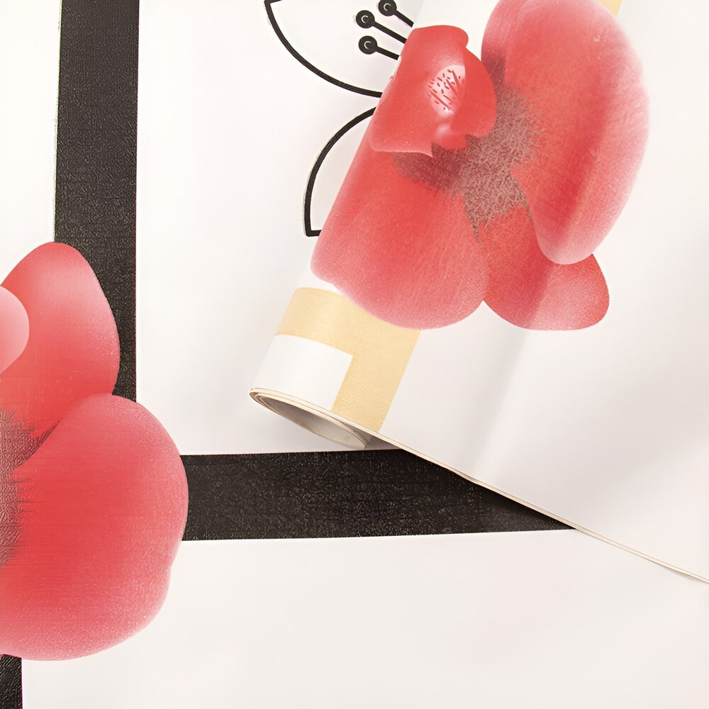 White With Red Flower Peel And Stick Wallpaper - High-quality Pvc 45x500cm | Waterproof Modern Design Embossed Surface For Living Room Decor